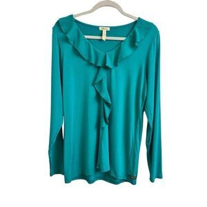 Matilda Jane Britta Teal Long Sleeve Ruffle Blouse Top Size Large